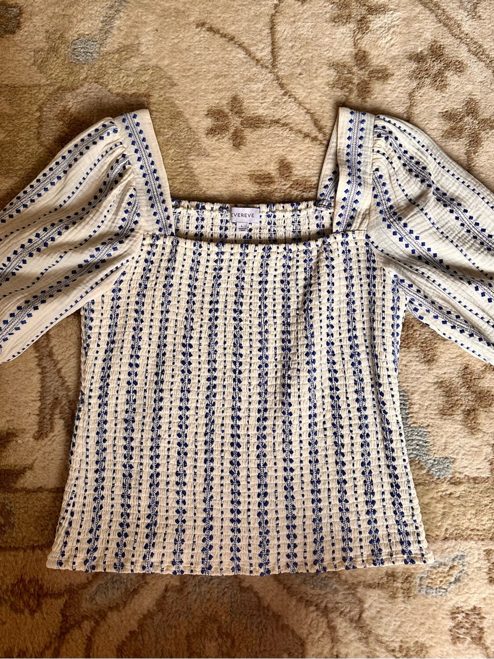 EVEREVE Blue Cream Smocked Puff Sleeve Top Size Large